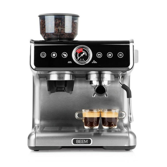 BEEM Siebträgermaschine Kaffeemaschine ESPRESSO-GRIND-PROFESSION Mahlwerk - 15 bar - Kegelmahlwerk Espresso 2 Thermoblöcke 30 Mahlgradeinstellungen schwenkbare Dampfdüse zwei Tassen gleichzeitig.