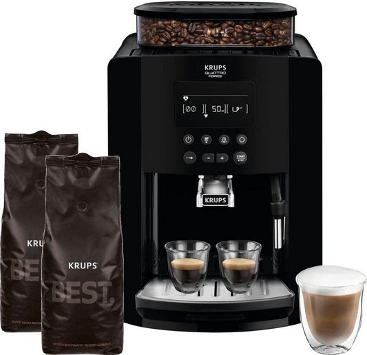 Krups Kaffeevollautomat Arabica + 2Kg Kaffeebohnen Best Crema ZES800 Direktwahltasten für Espresso und Kaffee großes Display 17L 2-Tassen-Funktion Milchaufschäumdüse 1450W 15 Bar EINFACHE BEDIENUNG 3 Temperatur + 3 Mahlgrad Einstellungen